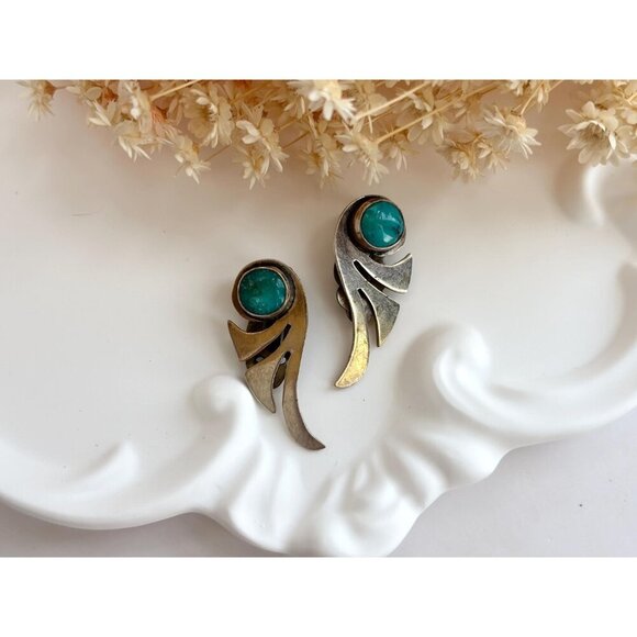 Native American Silver T Pewter Vintage Turquoise Bezel Set Modernist Studs - Picture 2 of 10